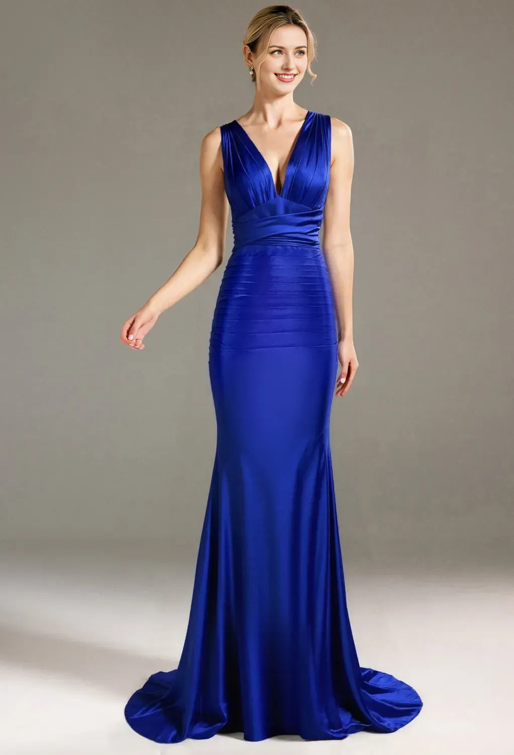 Mermaid Deep V-Neck Floor Length Prom Dresses Satin Sleeveless Pleat Backless Hot Sale Long Evening Dresses